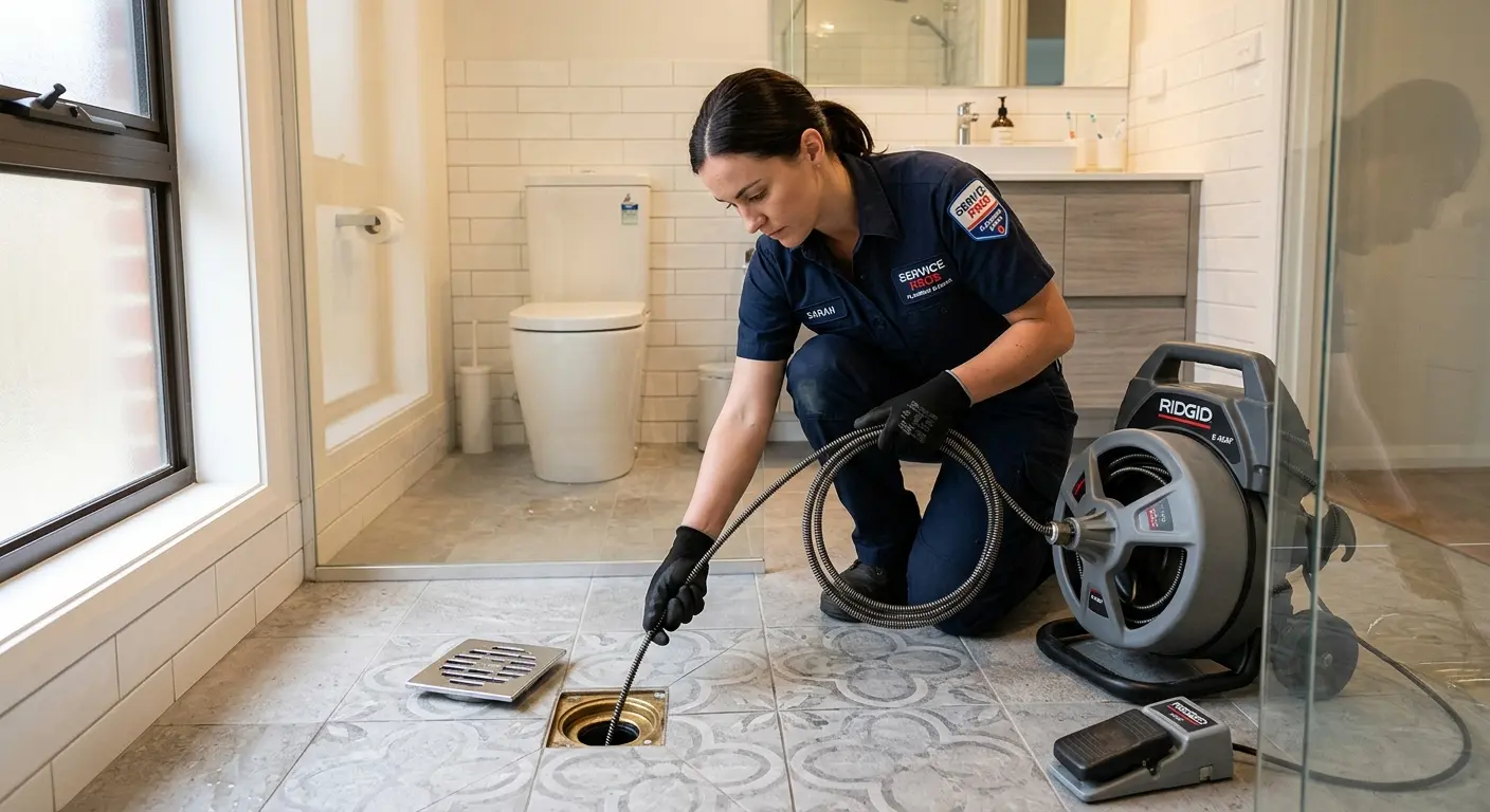 Technician clearing a bathroom floor drain for Sewer Line Installation in Sandy